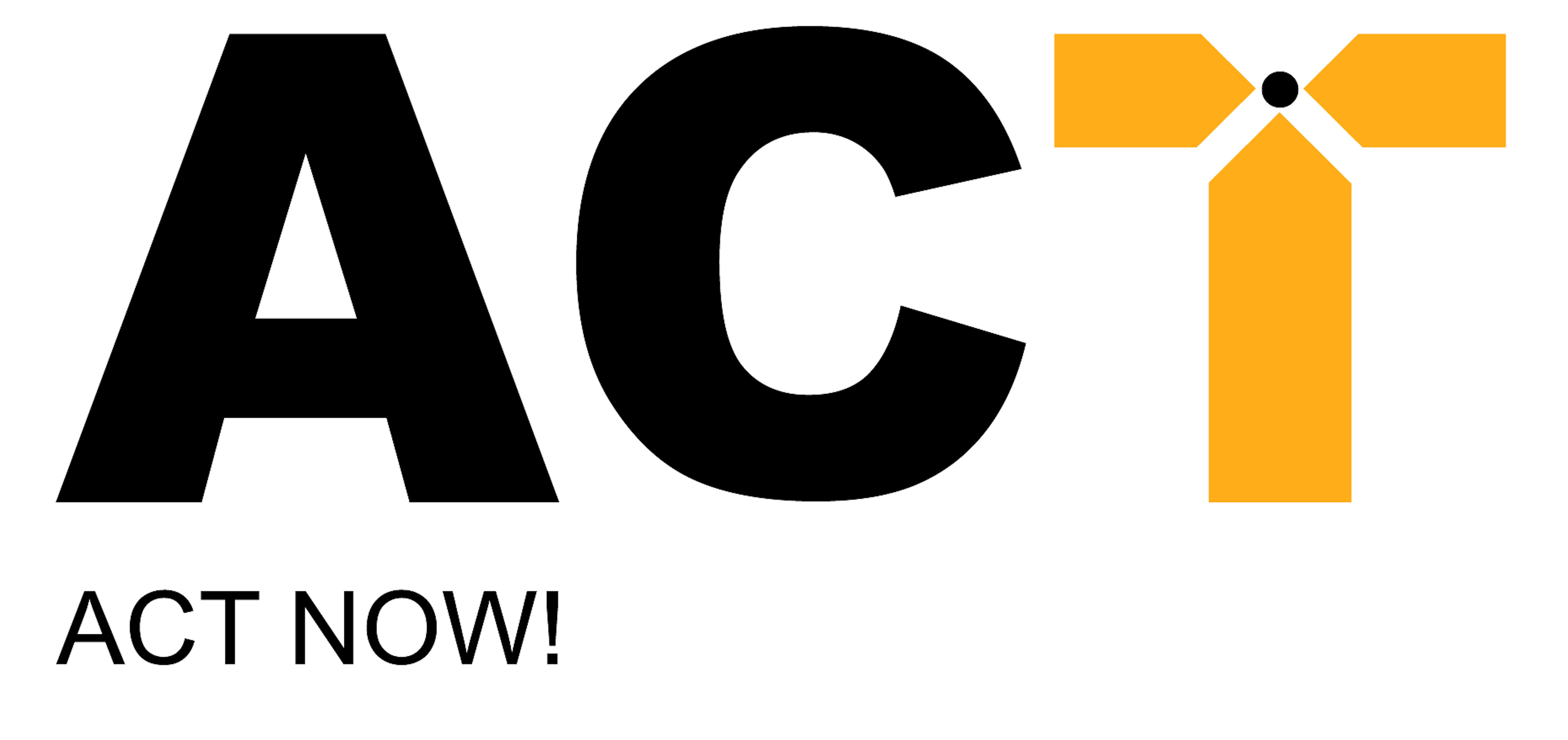 On a white background the letters of which the first two are black and read A C. The third is a yellow T, with its intersection of the vertical line with the horizontal line has produced three intersecting points all meeting a small black circle. Below the first letter are the words ACT NOW! in black.