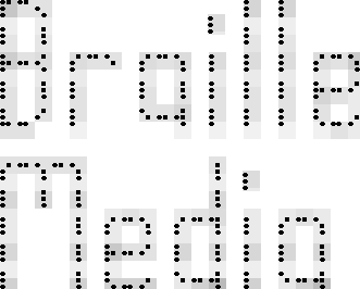 A series of small black circles and squares are laid out mostly linearly to form the words Braille Media. These words are highlighted by a shadowy grey band background made up of joined up squares.