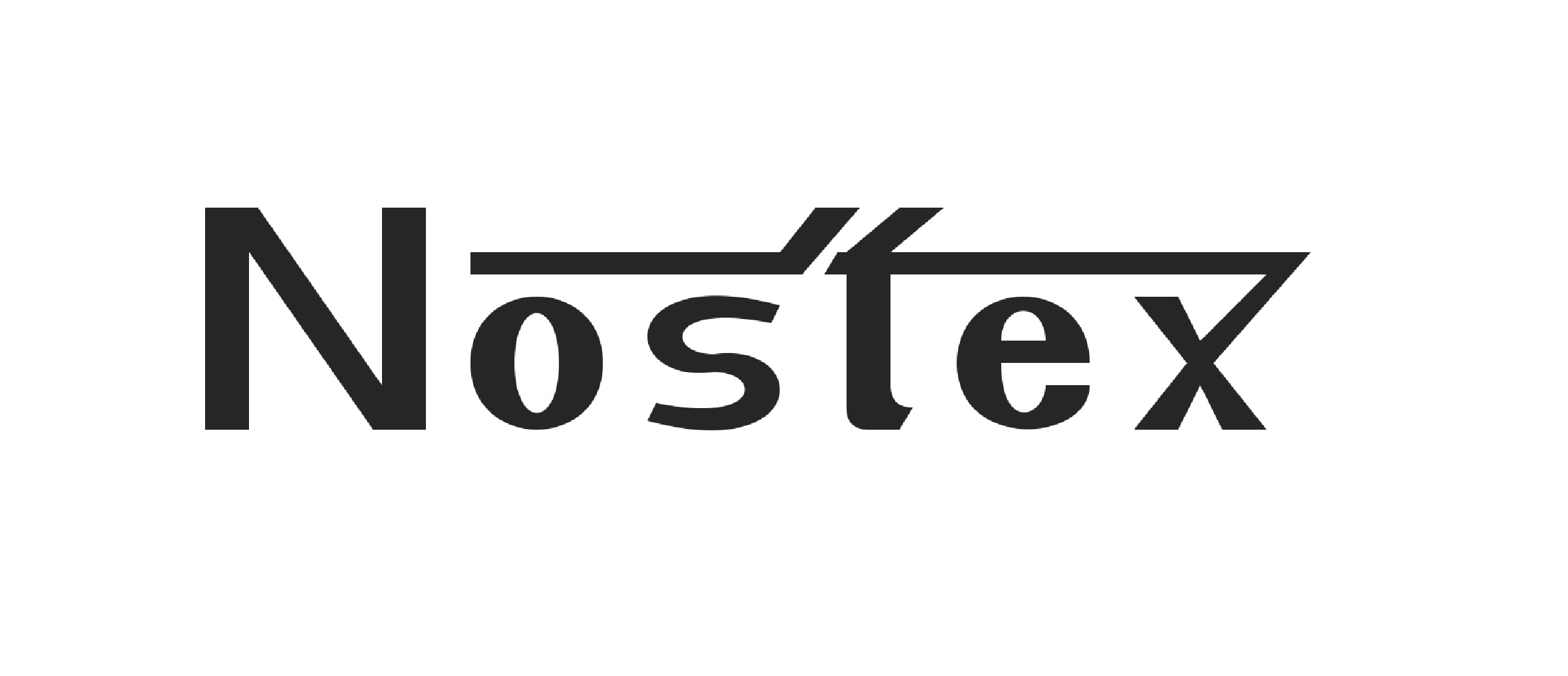 Logo reads Nostex in bold black type on a white background, a horizontal black line sits above the letters o s t e x and joins the t in the middle, with two small vertically slanted lines slightly gaped, and the x at the end of the word.