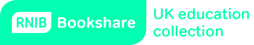 turquoise and white lonzenge logo, text reads 'RNIB Bookshare education collection'