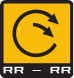 A almost circular black arrow line is placed in yellow square, a shorter arrow line duplicated parallel is inside the circle, both arrows are clockwise at 2 o clock. Bottom left and right are two white Rs linked with a white dash on a black background.